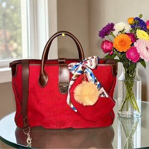 4 FER Dooney & Bourke Red and Brown Fabric and Leather Satchel Bag